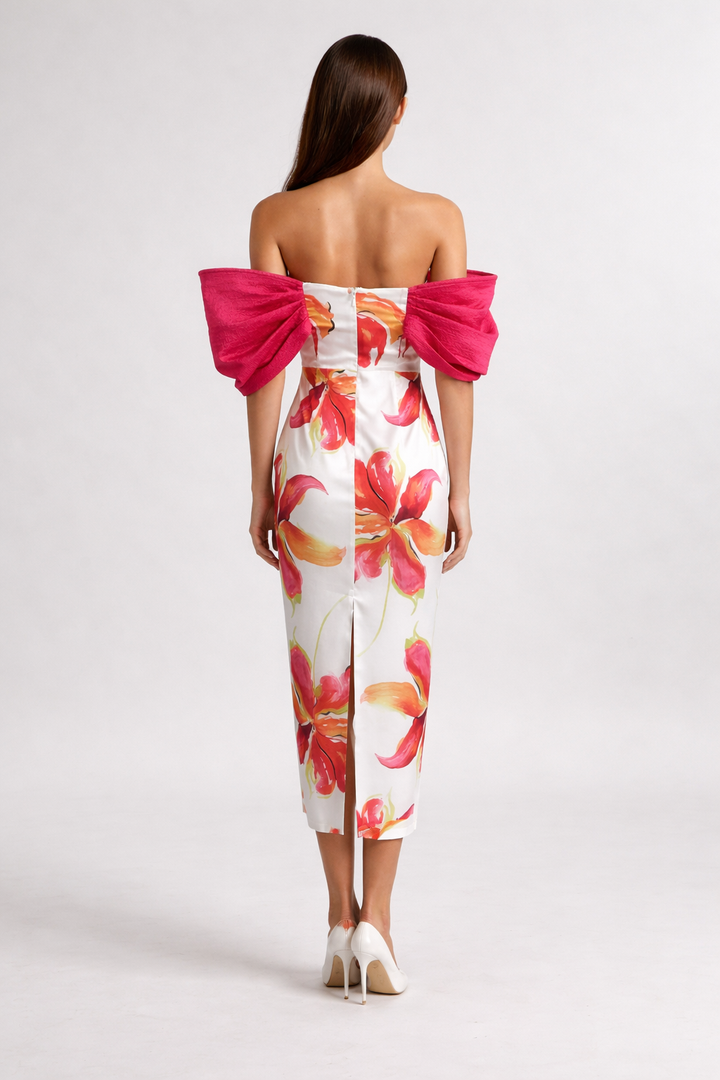 Floral Off-Shoulder Midi Dress with Statement Bow Sleeves-SIFAN