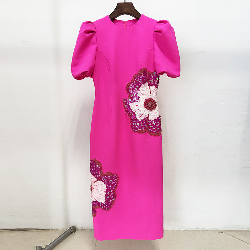 puff sleeve midi dress with floral sequin applique – FUCHSIA