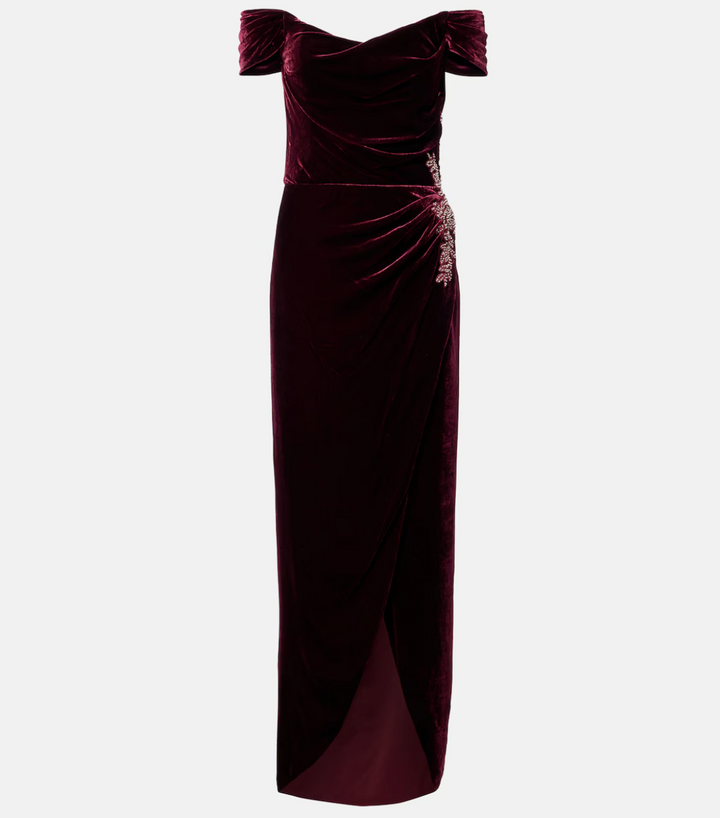 off-shoulder velvet column dress with draped bodice – EZAT