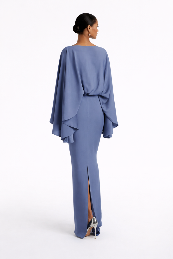 batwing sleeve column gown with draped waist – CELESTIA