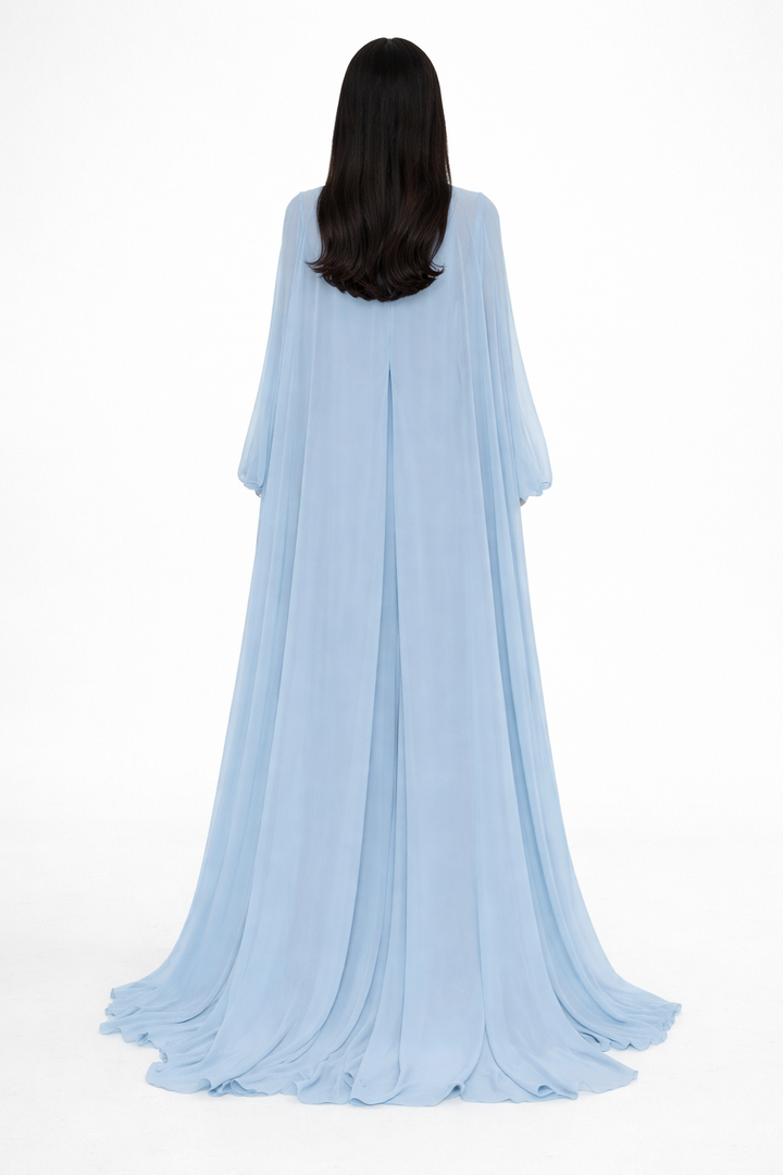 high-neck maxi dress with keyhole cutout and flowing sleeves – SCARLET
