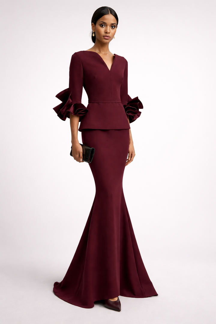 v-neck peplum mermaid dress with ruffle sleeves – RUBINA