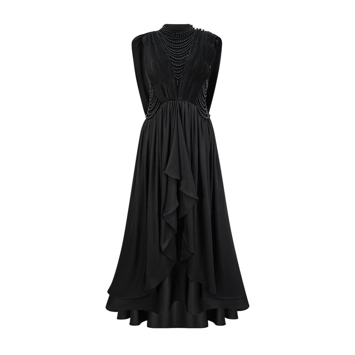 sleeveless draped evening dress with embellished neckline – NOIR