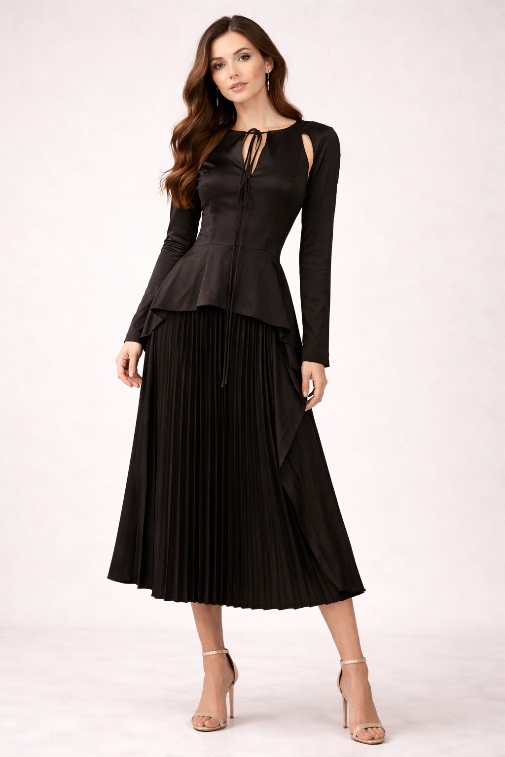long sleeve satin peplum dress with pleated skirt and draped side panels – CARAMEL