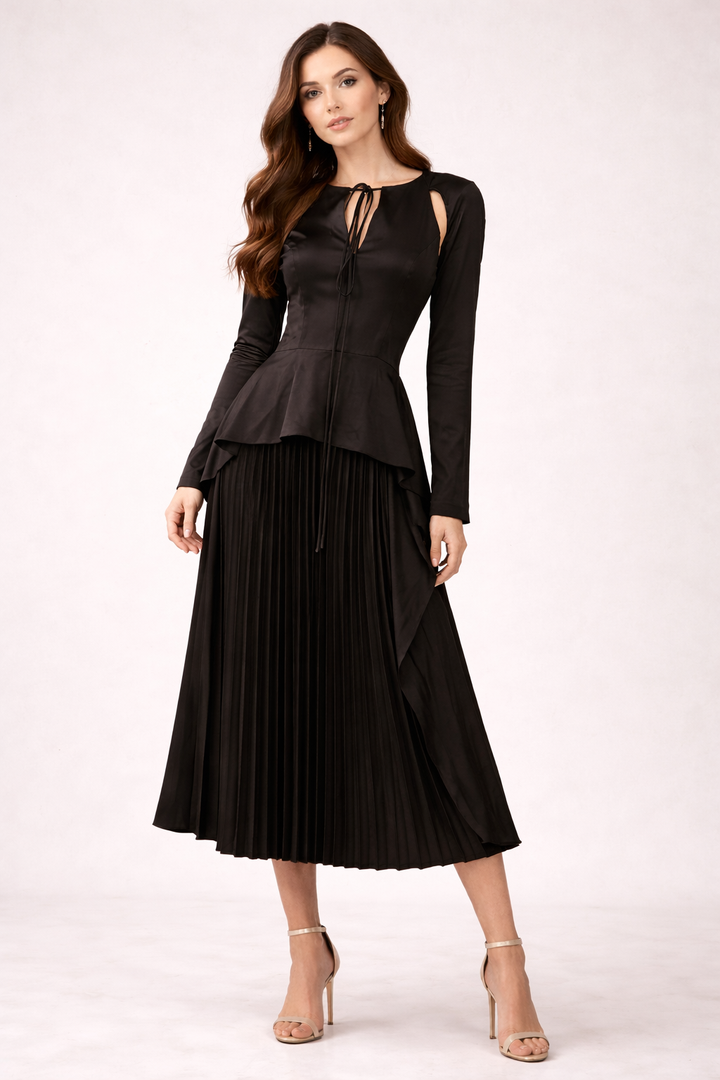 long sleeve satin peplum dress with pleated skirt and draped side panels – CARAMEL