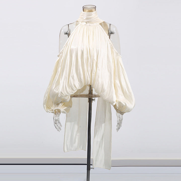 halter neck blouse with draped chiffon volume – IVORY