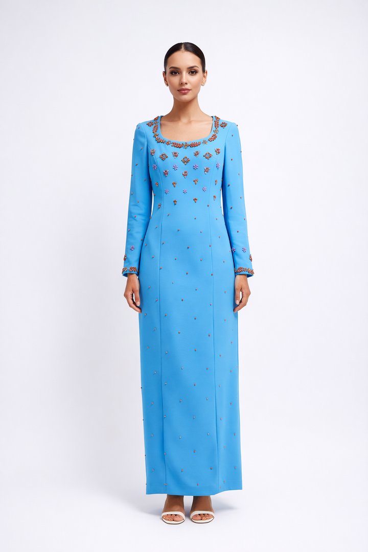 long sleeve column dress with floral crystal embellishment – AZURA