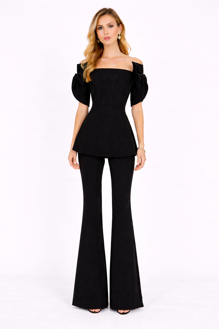 strapless peplum top with bow shoulder detail and flared pants set – NOIR