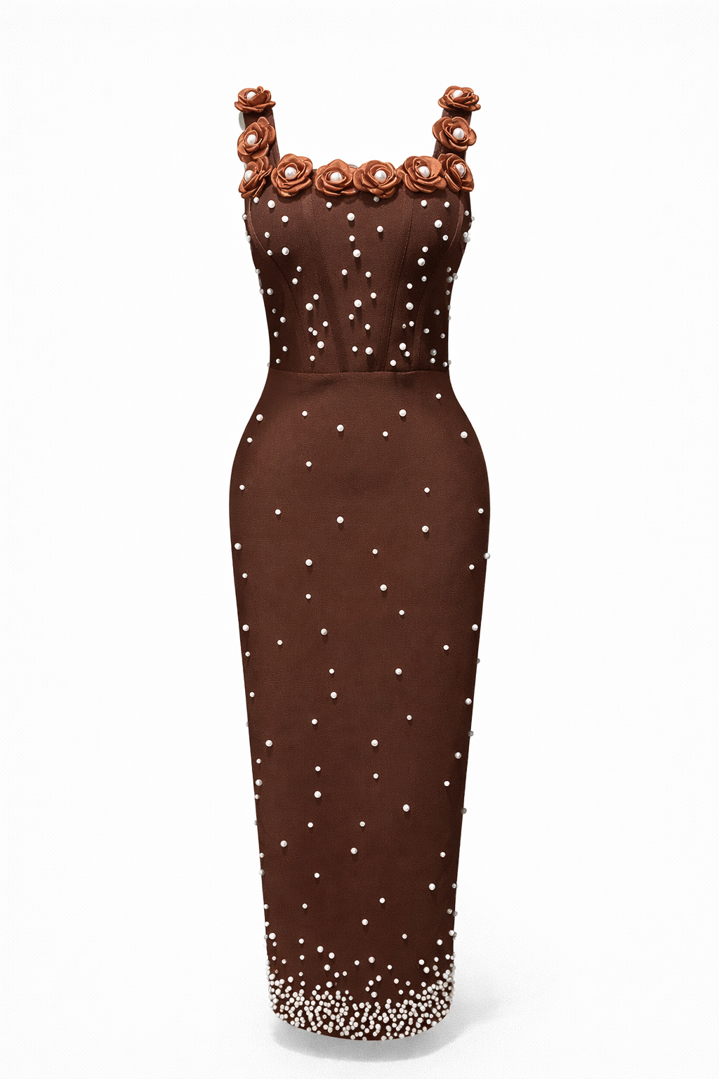 sleeveless fitted midi dress with pearl embellishments and floral straps – PEARL
