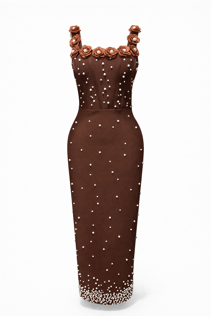 sleeveless fitted midi dress with pearl embellishments and floral straps – PEARL