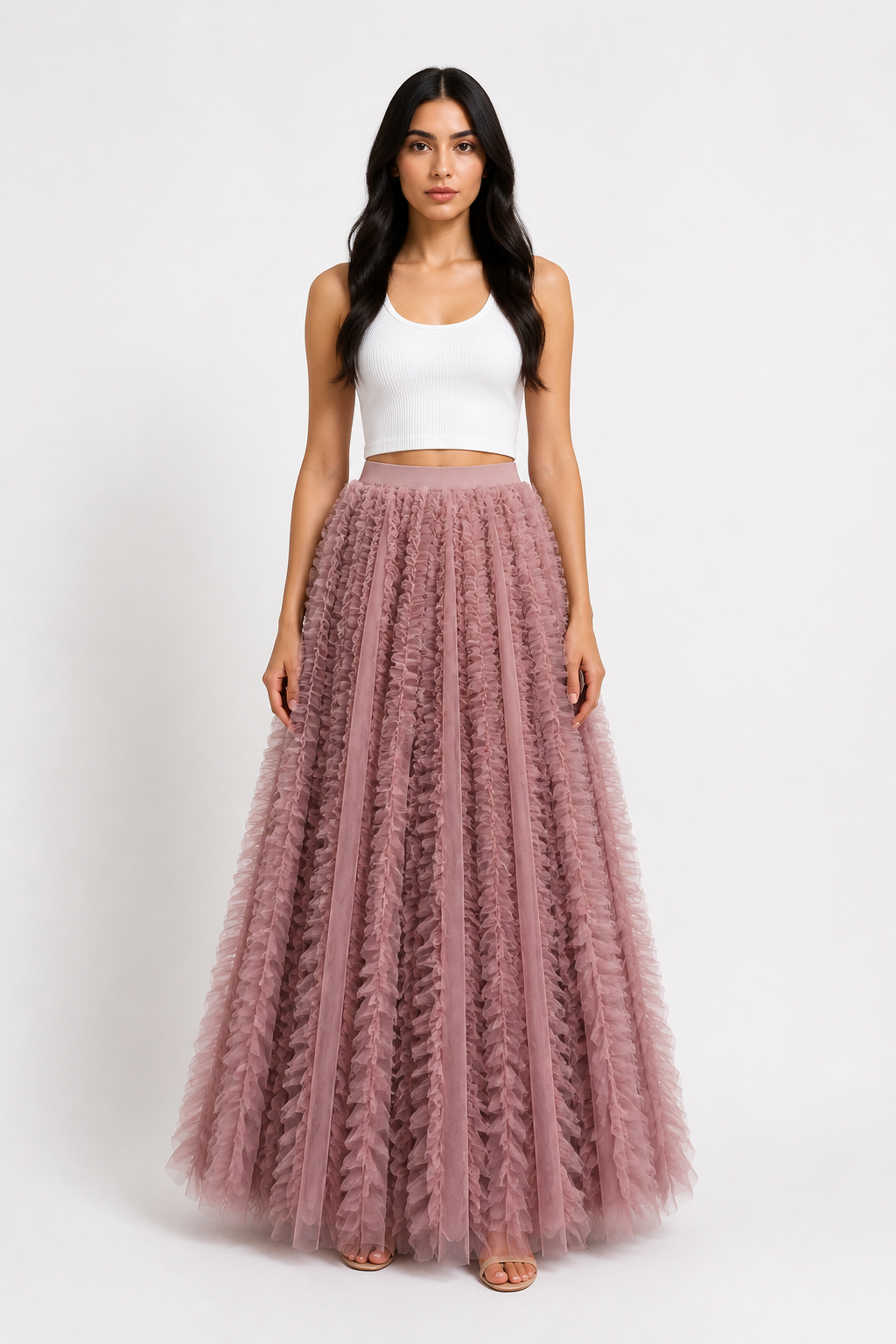Beige Ruffled Tulle Maxi Skirt – AURÉLIA