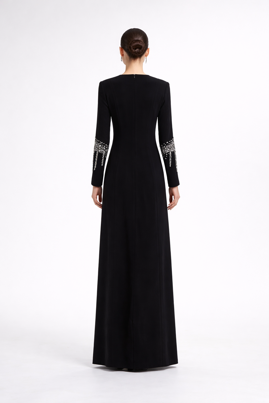 long sleeve column dress with embellished neckline and cuff details – GLIMMER
