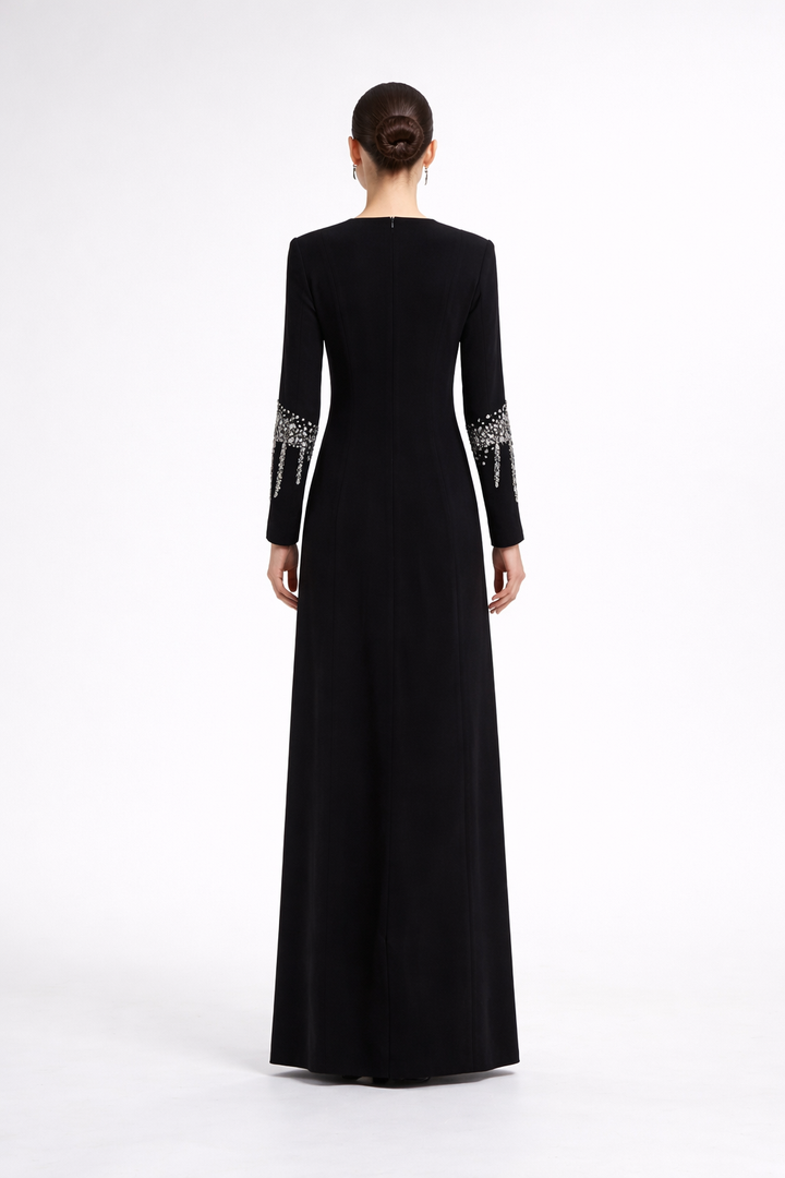 long sleeve column dress with embellished neckline and cuff details – GLIMMER