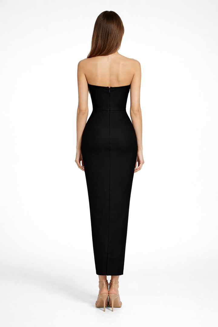 strapless fitted midi dress with pearl embellishments – PEARL