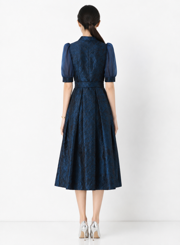 Elegant Floral Jacquard Midi Dress - Midnight
