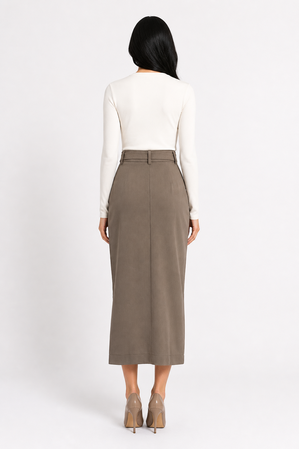 Taupe Belted Midi Pencil Skirt with Front Slit – AVERA