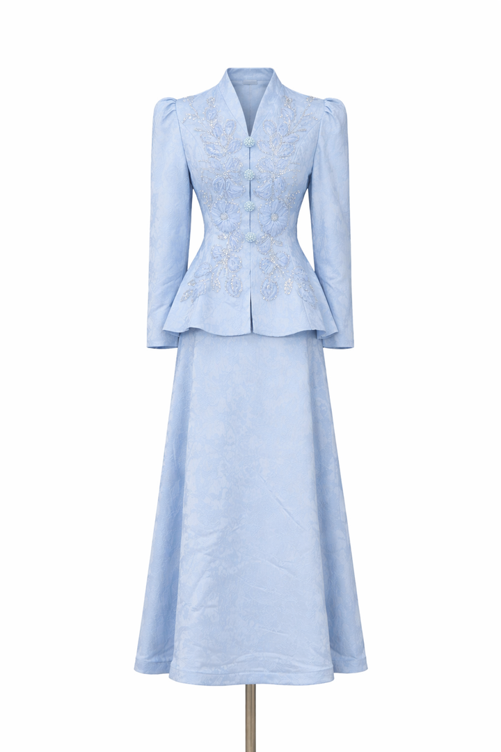 long sleeve embroidered peplum jacket dress set – AURELIA