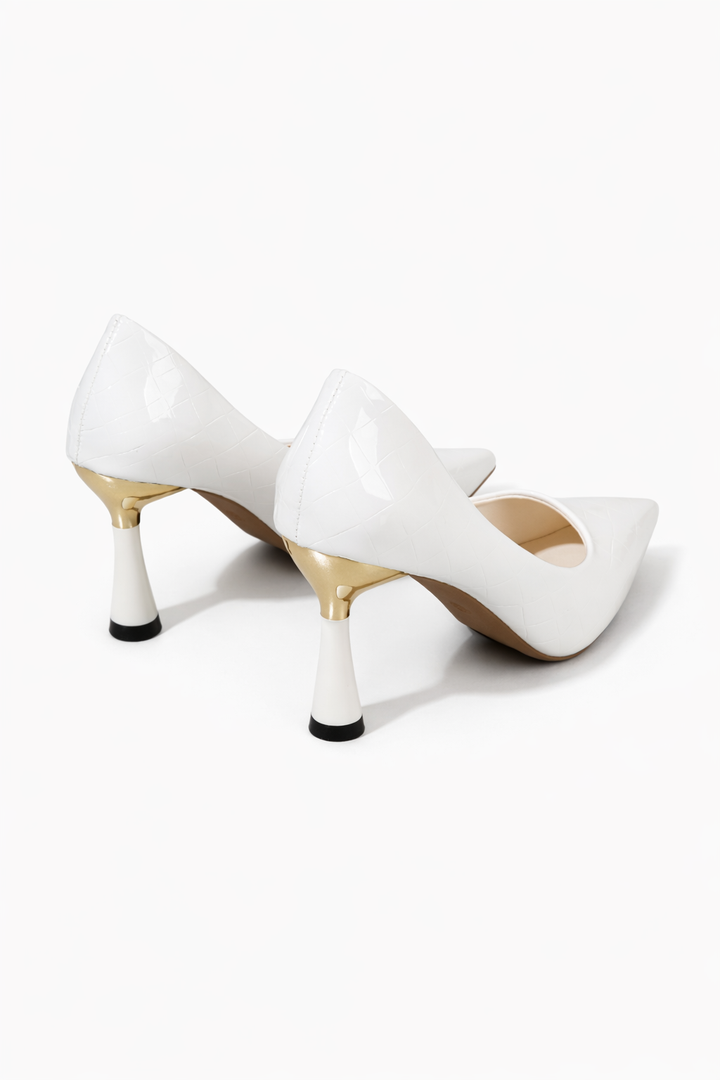 pointed toe patent leather heels with sculpted metallic heel – ICON