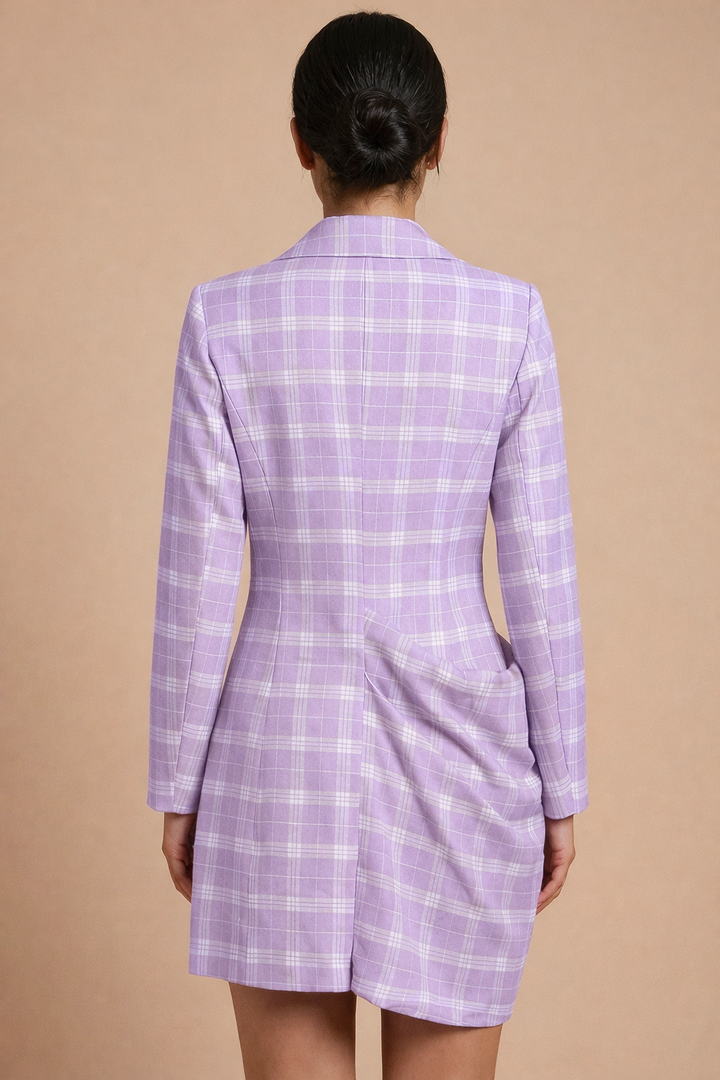 long sleeve plaid blazer dress with asymmetrical draped detail – LAVIN