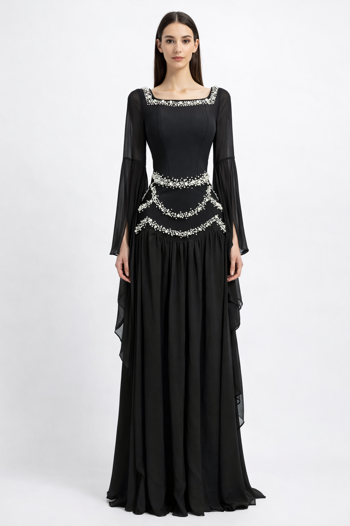 strapless fitted midi dress with pearl waist detail – LINE