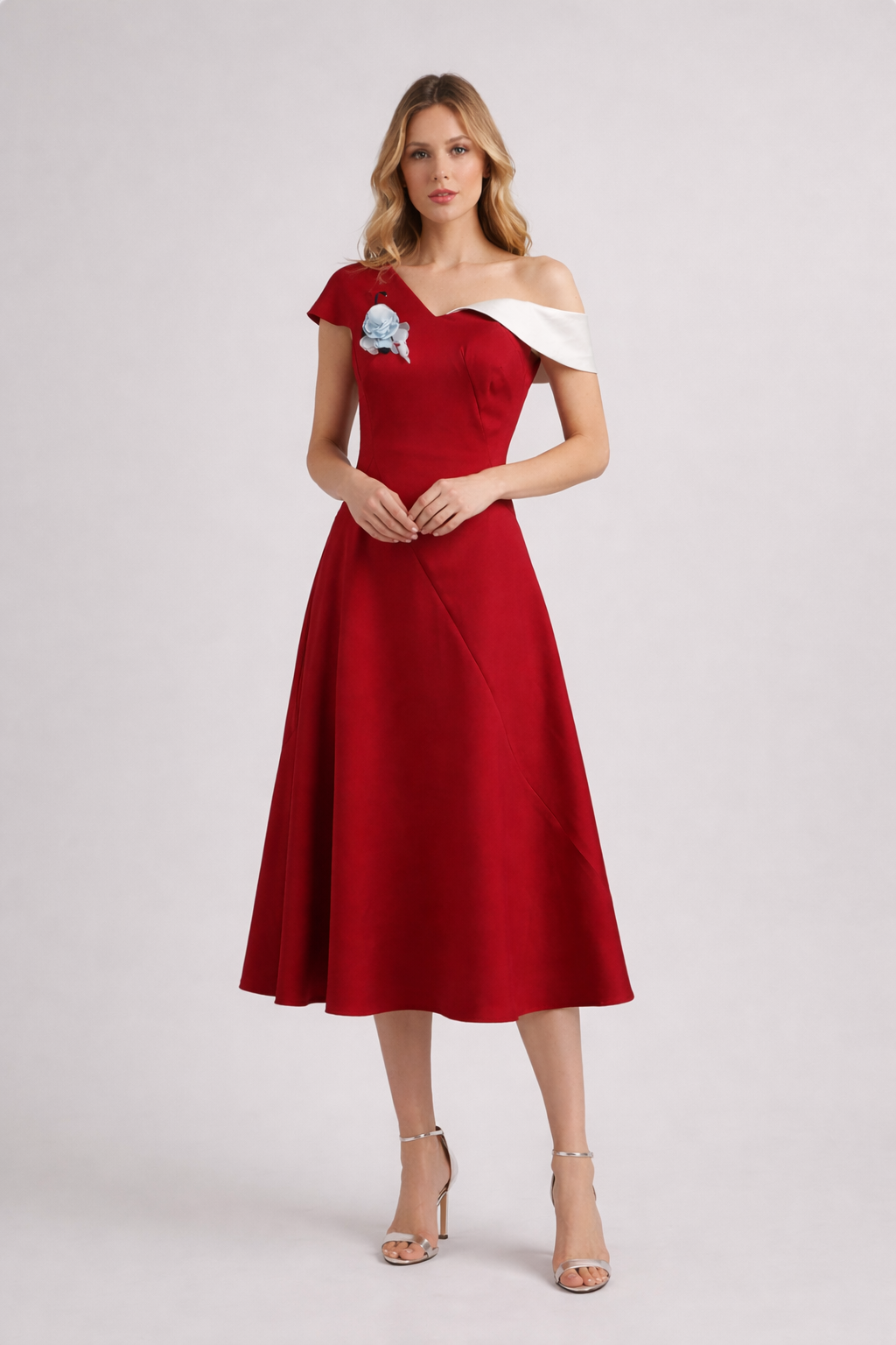 one shoulder satin midi dress with floral detail – SCARLET