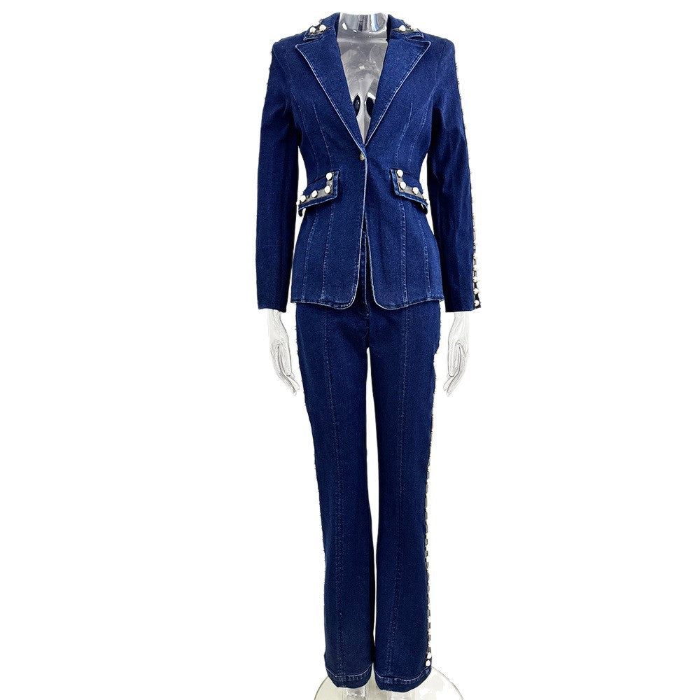 tailored denim blazer and wide-leg pants set with stud detailing – DENARA