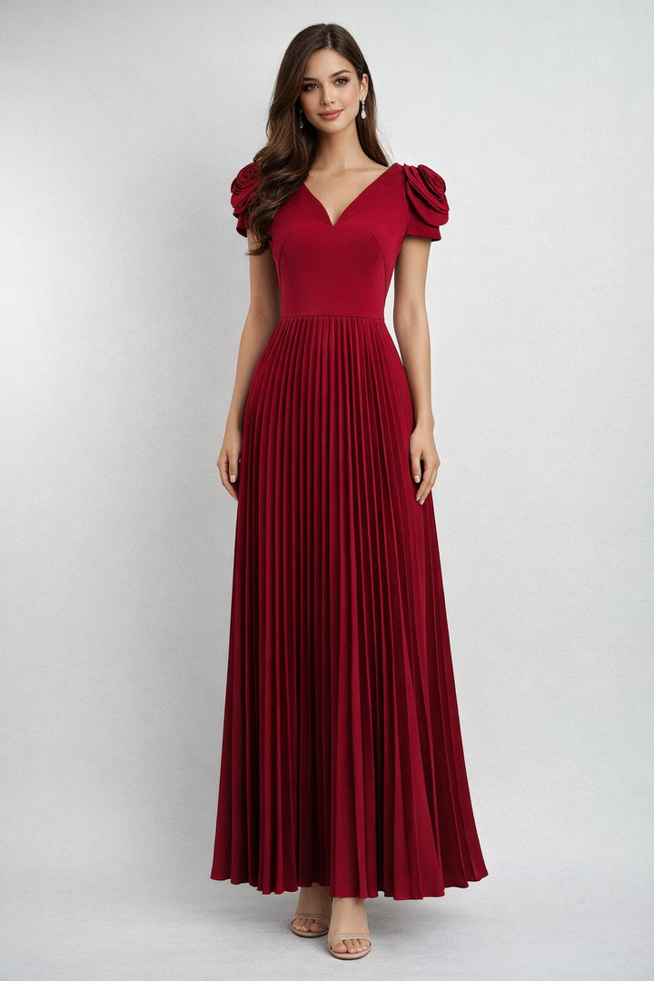 cap sleeve pleated maxi dress with floral shoulder details – NUDE