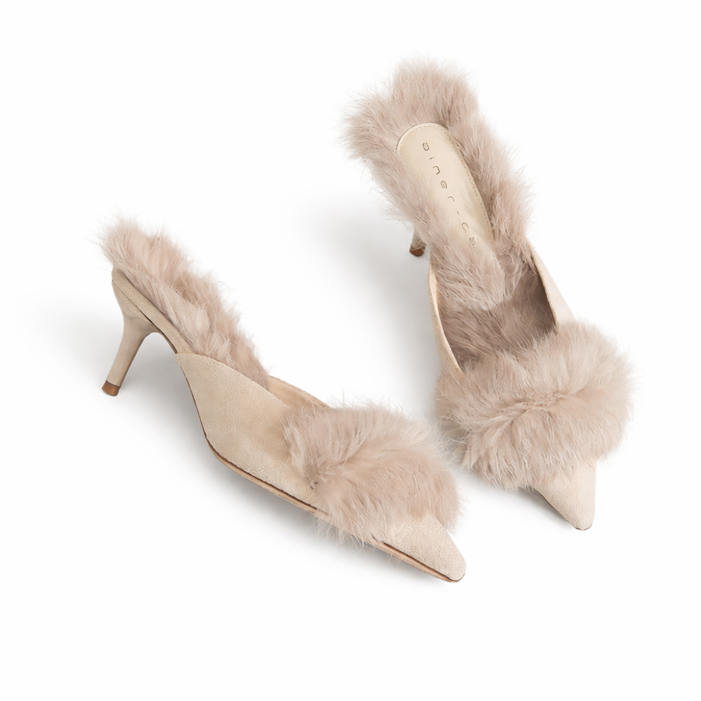 pointed mule heel with feather trim – BLUSH