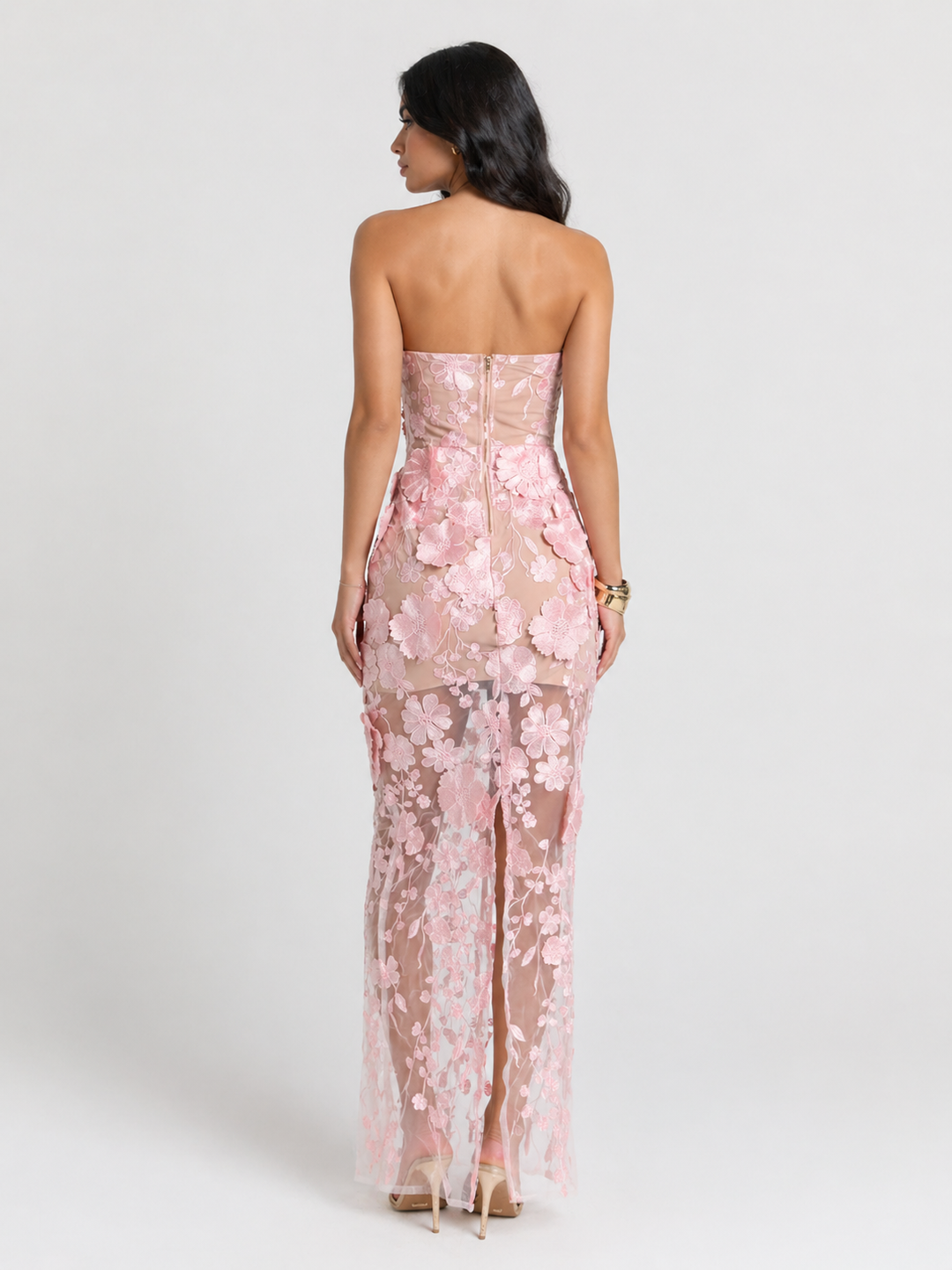 Sheer Floral Lace Strapless Maxi Dress - FIORELLA