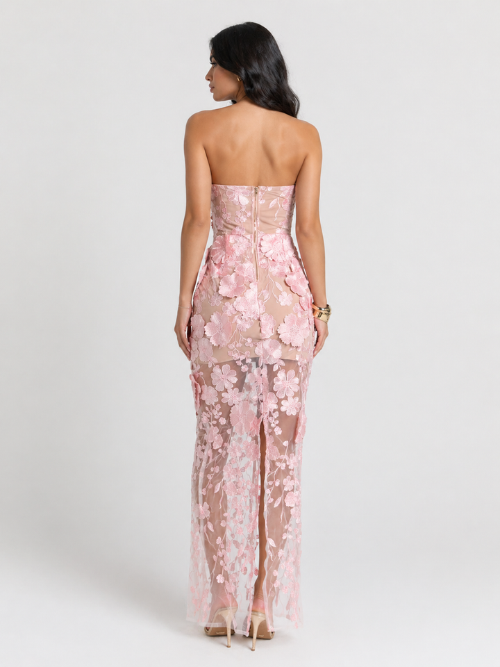 Sheer Floral Lace Strapless Maxi Dress - FIORELLA