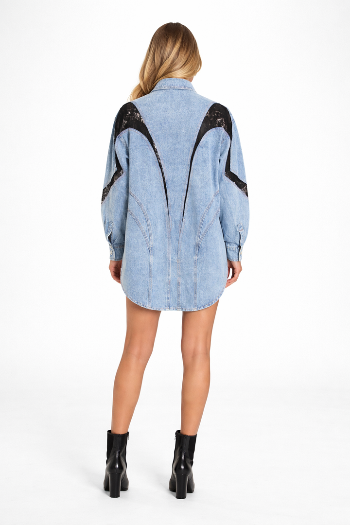 oversized denim shirt with lace panel detailing – INDIGO