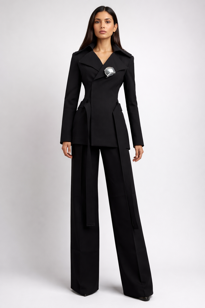 structured blazer set with wide-leg pants and metallic brooch – EDGE