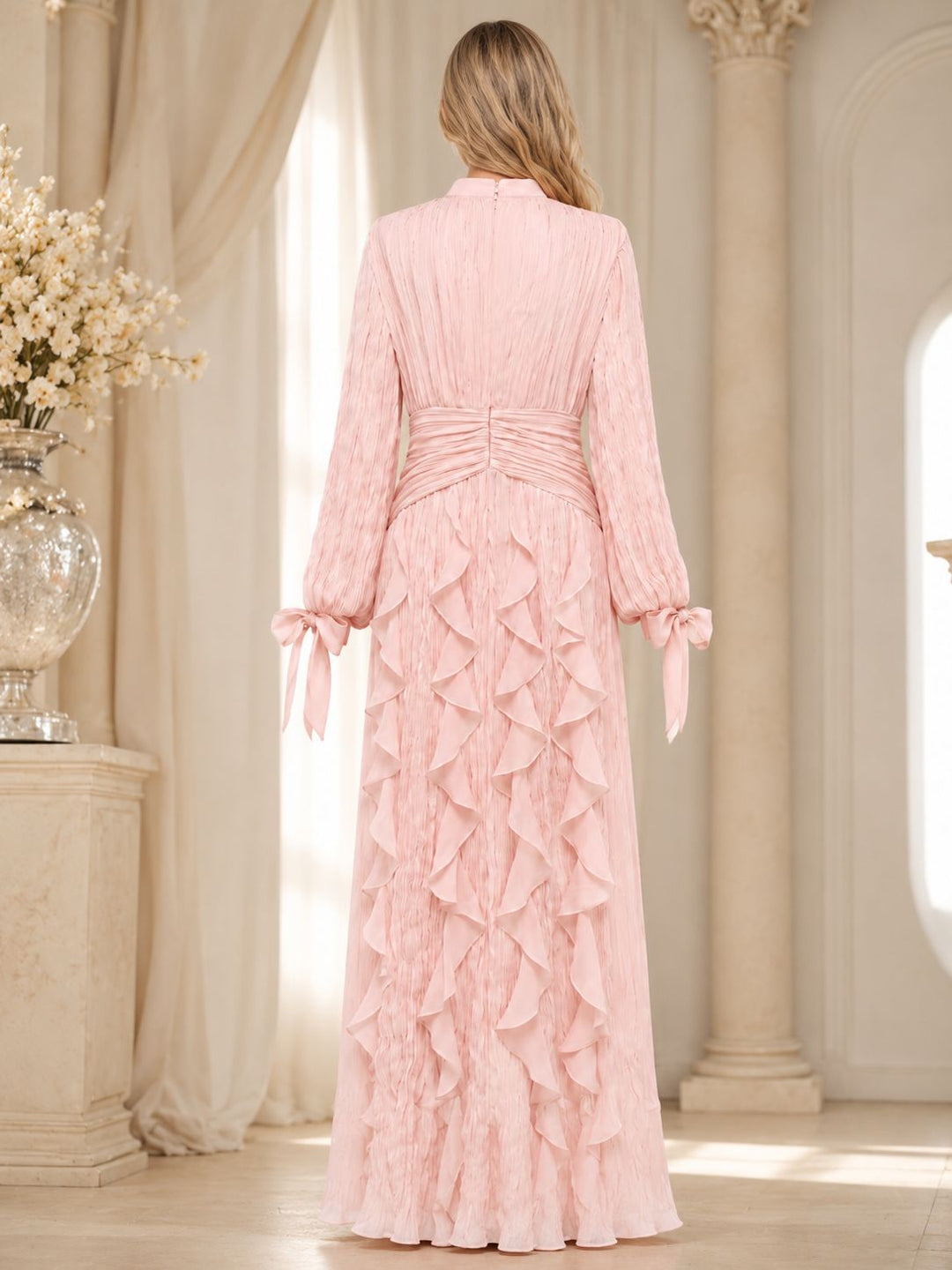 pleated chiffon ruffle maxi dress with ruched waist – RAYA