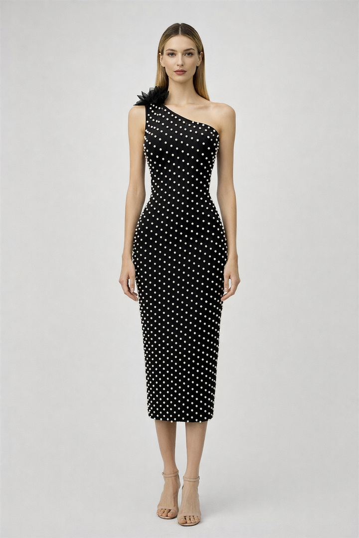one-shoulder fitted midi dress with pearl embellishments and floral accent – PEARL