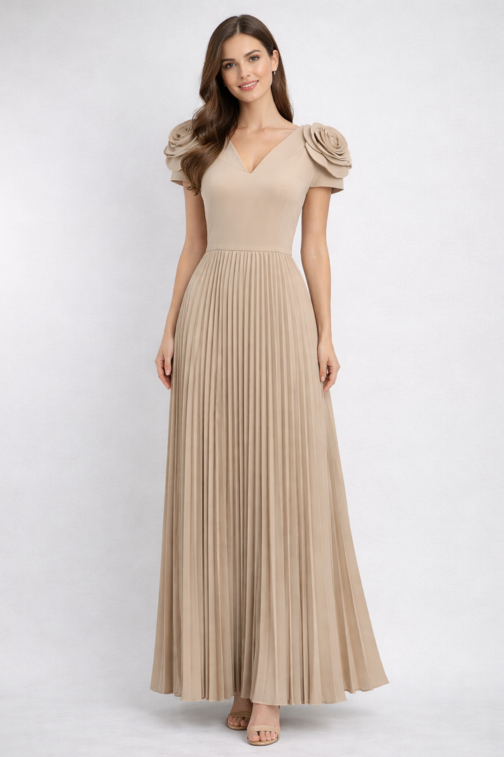 cap sleeve pleated maxi dress with floral shoulder details – NUDE