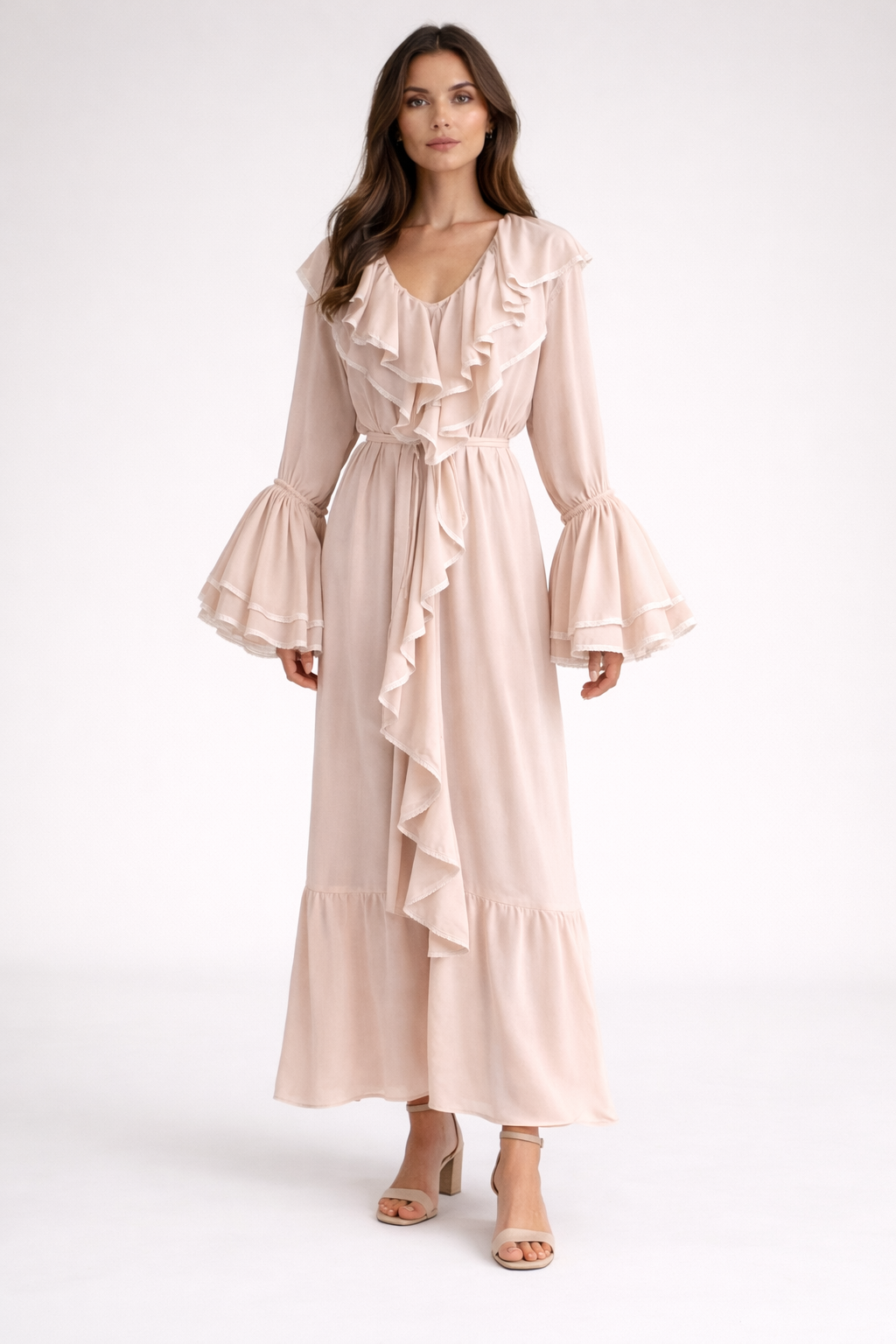 long sleeve ruffle maxi dress with waist tie detail – CASCADE