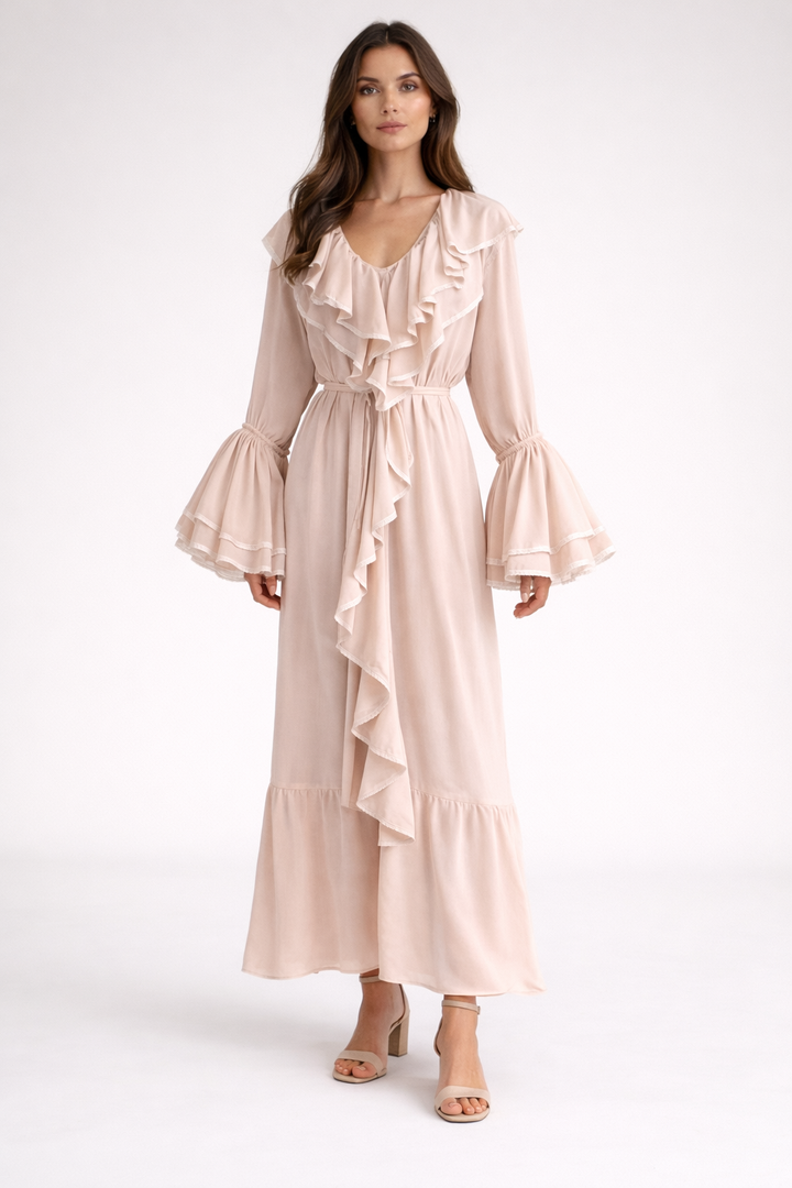 long sleeve ruffle maxi dress with waist tie detail – CASCADE