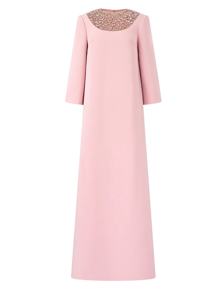 three-quarter sleeve column maxi dress with embellished neckline – ROSÉLIA