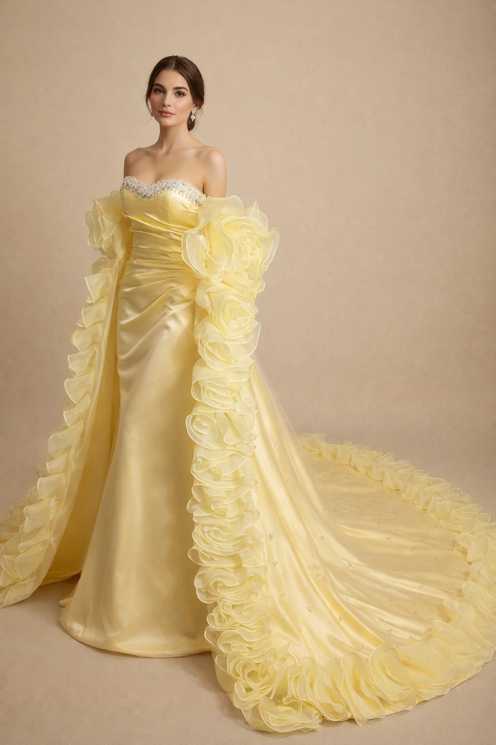 off-shoulder satin gown with ruffled cape train – AURÉLIE