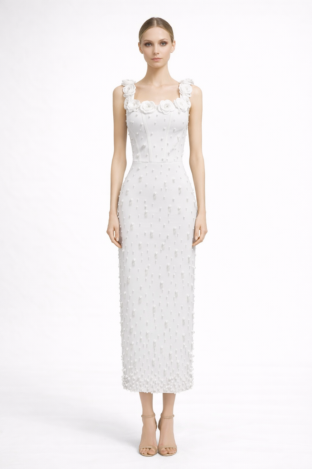 sleeveless fitted midi dress with pearl embellishments and floral straps – PEARL