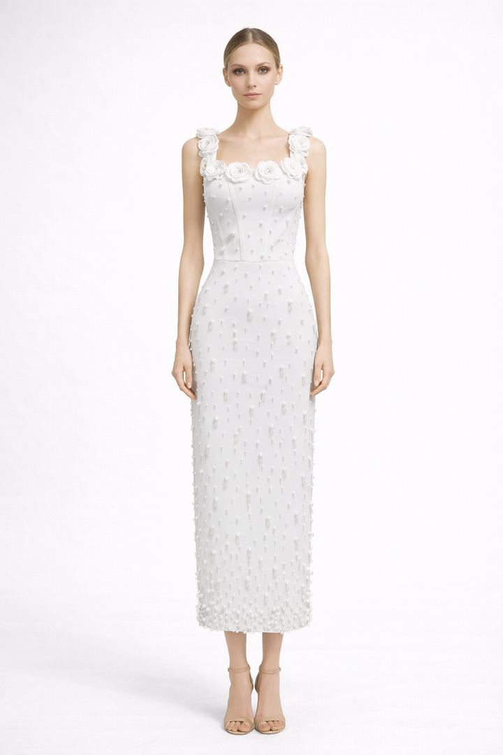 sleeveless fitted midi dress with pearl embellishments and floral straps – PEARL
