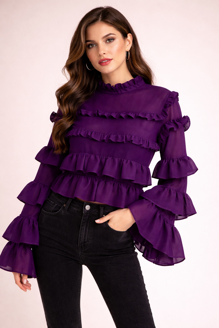 sheer ruffle blouse with layered sleeves – NUDE