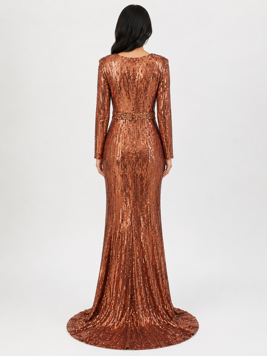 Long sleeve column dress with sequined embellishments - Jinwy