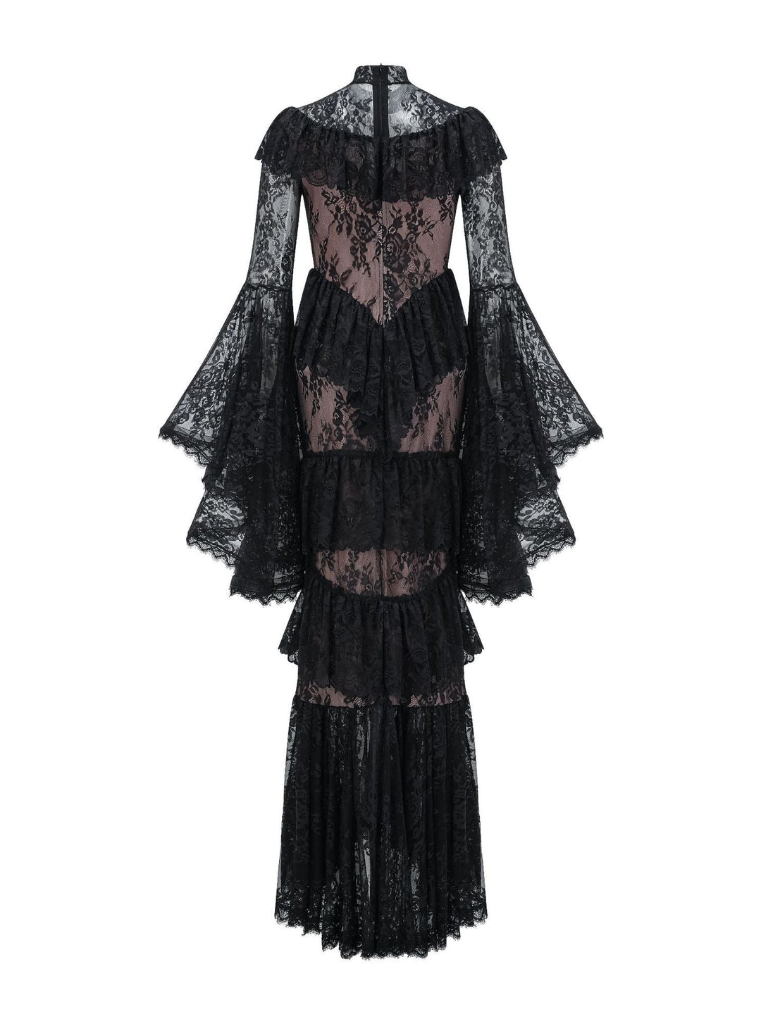 high neck lace ruffle dress with sheer panels – NOIR