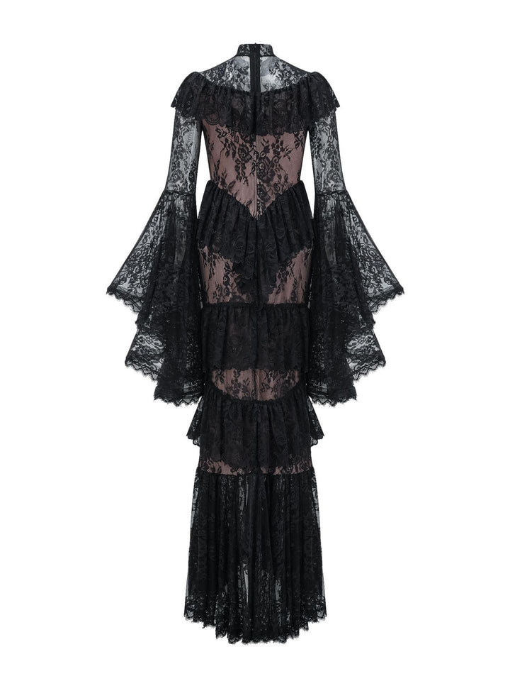 high neck lace ruffle dress with sheer panels – NOIR