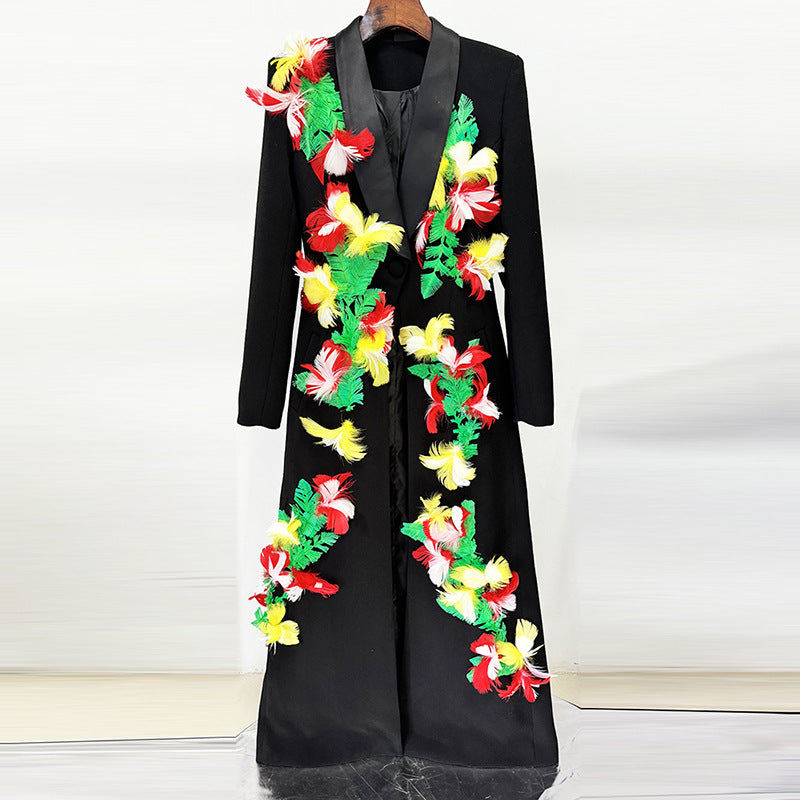 long-sleeve blazer coat with feather floral embellishments – FLORÉA