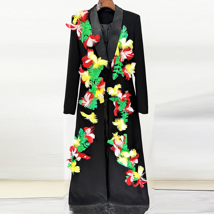 long-sleeve blazer coat with feather floral embellishments – FLORÉA