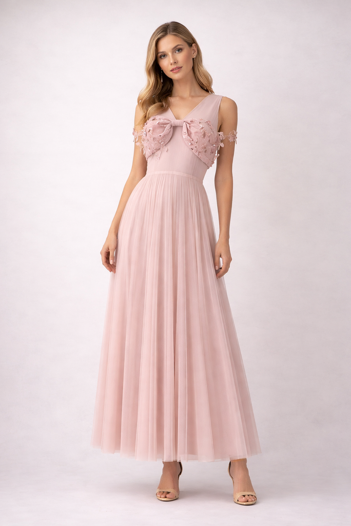 sleeveless tulle maxi dress with embellished bow bodice – BLUSH