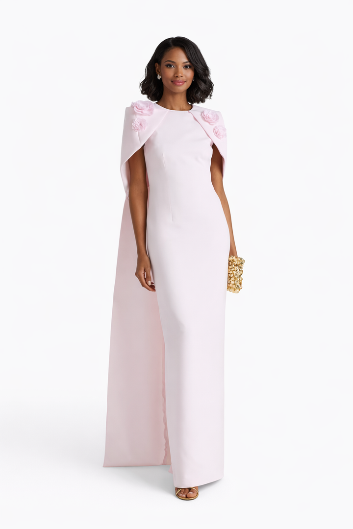 cape column dress with floral shoulder appliqué – CELESTIA