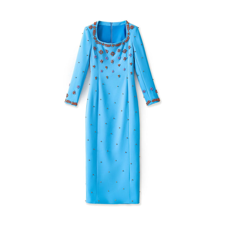 long sleeve column dress with floral crystal embellishment – AZURA
